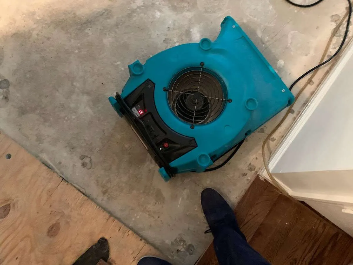 Air mover drying subfloor during Leak Detection & Repair in Trumbull